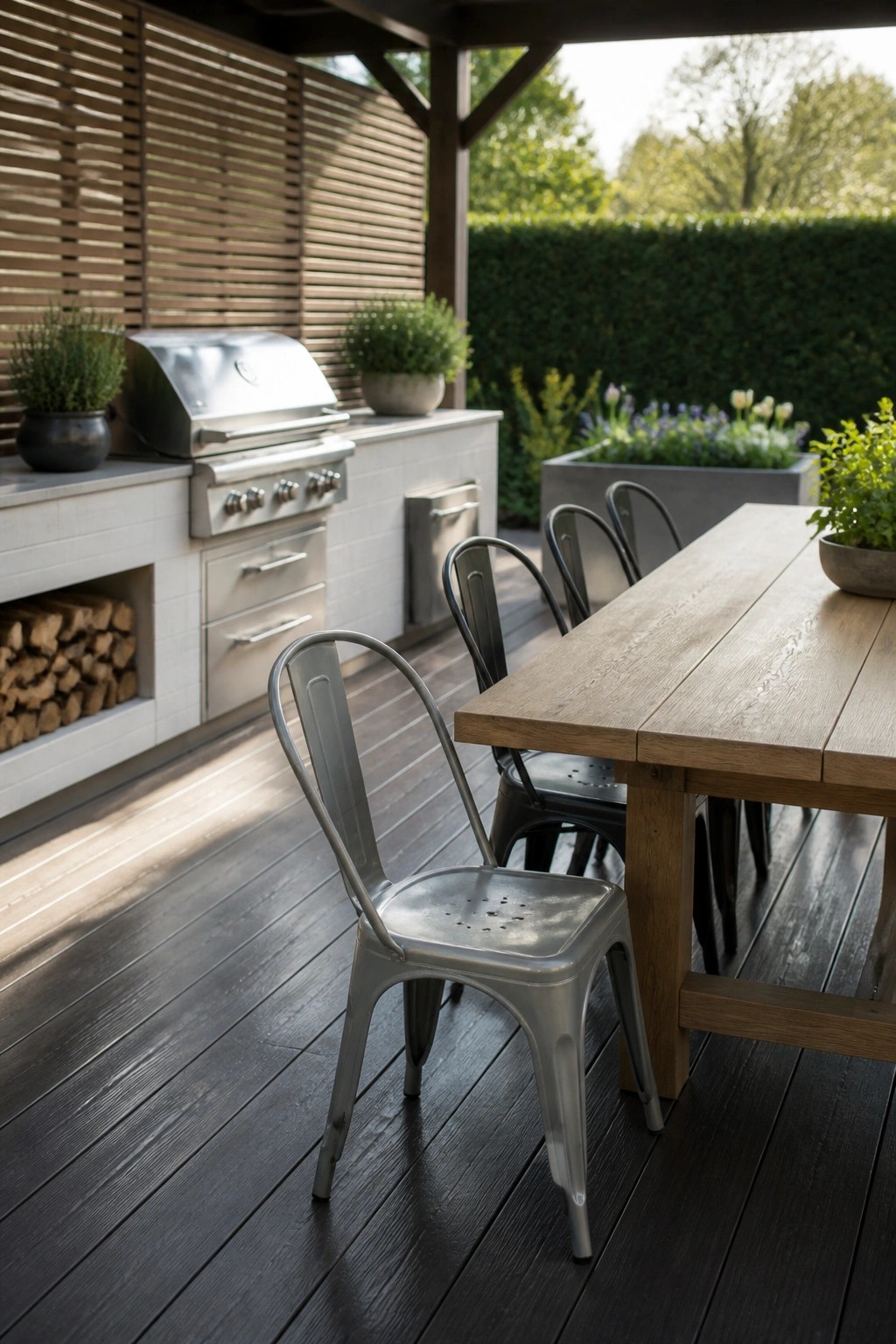 Wooden dining table with gray metal chairs on a dark deck beside an outdoor kitchen with grill and storage.