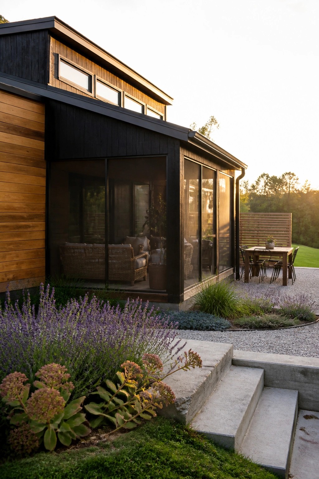 Modern house exterior with black vertical siding, horizontal wood cladding, large glass sliding doors, concrete steps, and gravel patio with outdoor dining set.