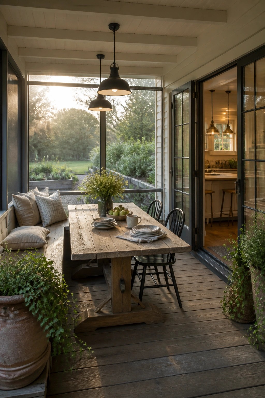 A rustic wooden dining table with black chairs sits on a covered porch next to potted plants, with open doors showing a kitchen inside and a garden view beyond.