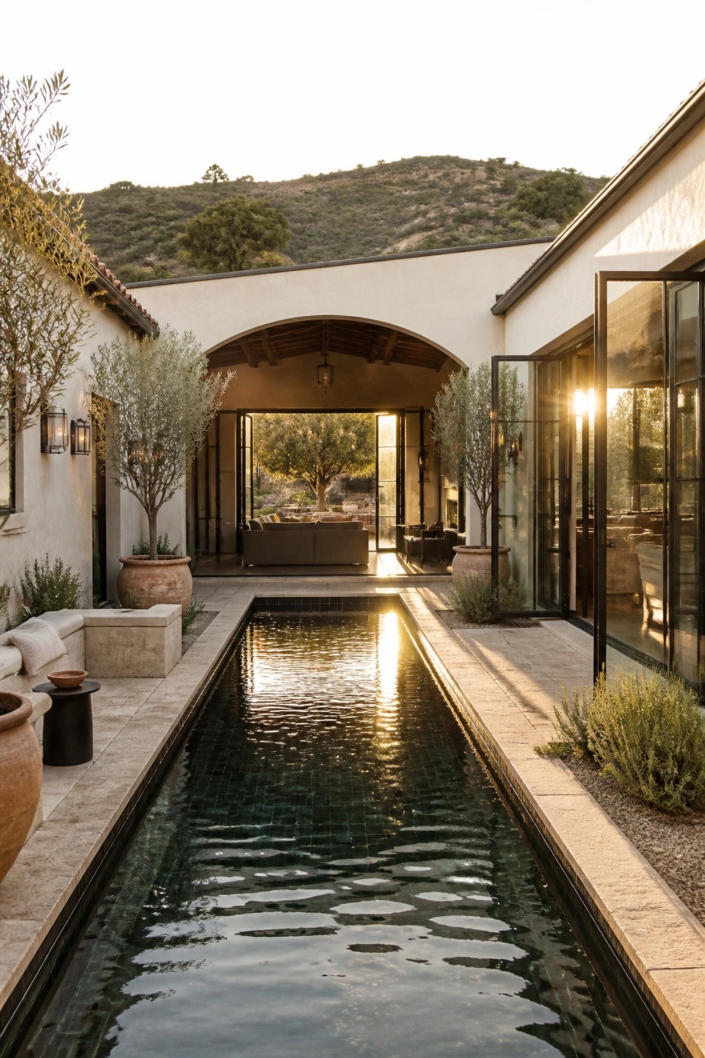 A long narrow pool stretches through a paved courtyard between white buildings with large open glass doors leading to an interior space.
