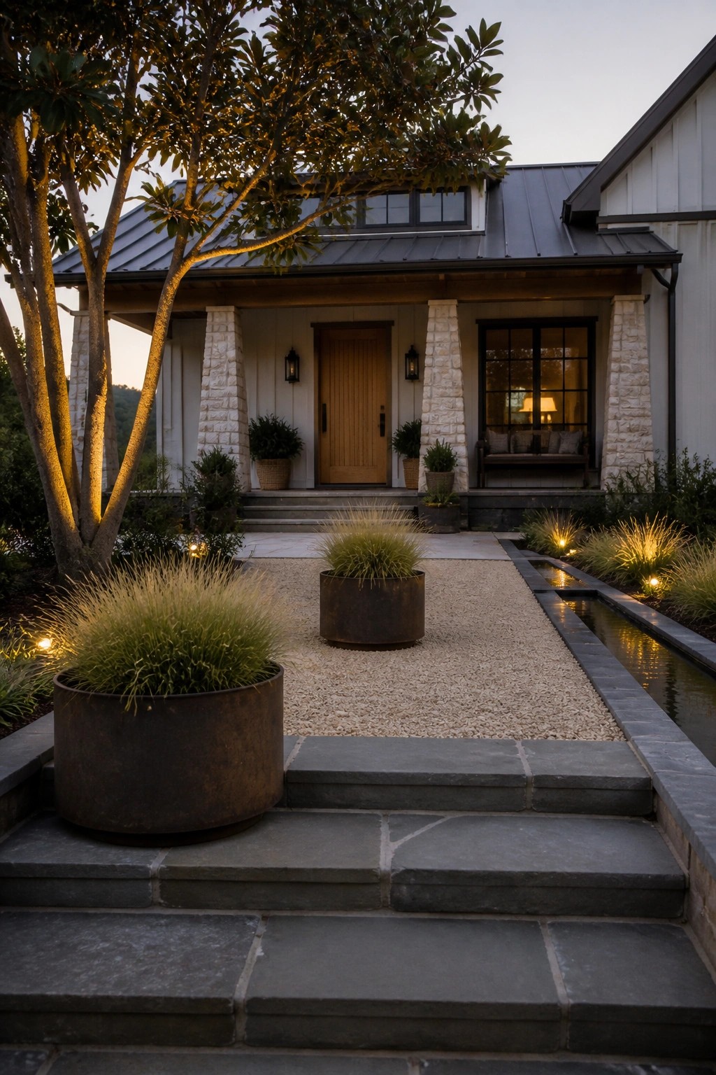 Front exterior of a modern farmhouse at dusk with white siding, a metal roof, two large stone columns flanking a wooden front door, and a gravel path leading to the steps.