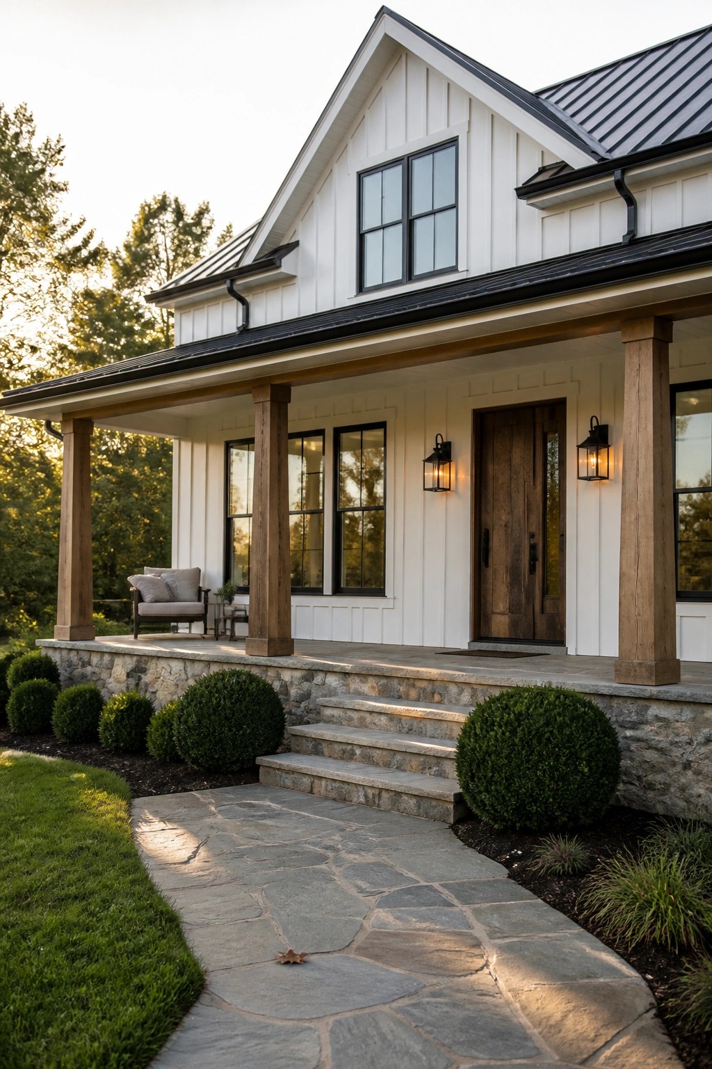 Modern farmhouse exterior with white siding, wooden porch columns resting on a stone foundation, stone steps, and a stone walkway leading to a dark wood front door.