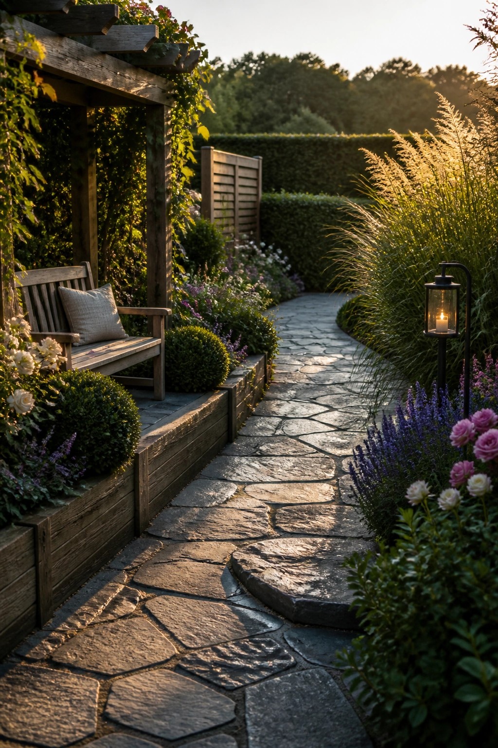 A curving flagstone path bordered by low wooden raised beds filled with flowers and shrubs, passing a wooden bench under a pergola with a lit lantern on the right.