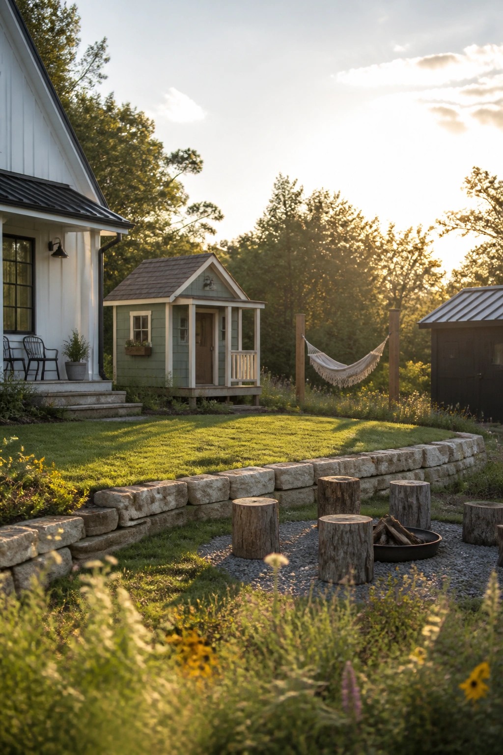 A backyard with a gravel fire pit area surrounded by tree stump seats, a hammock strung between posts, a stone retaining wall, and a small green shed near a white house.