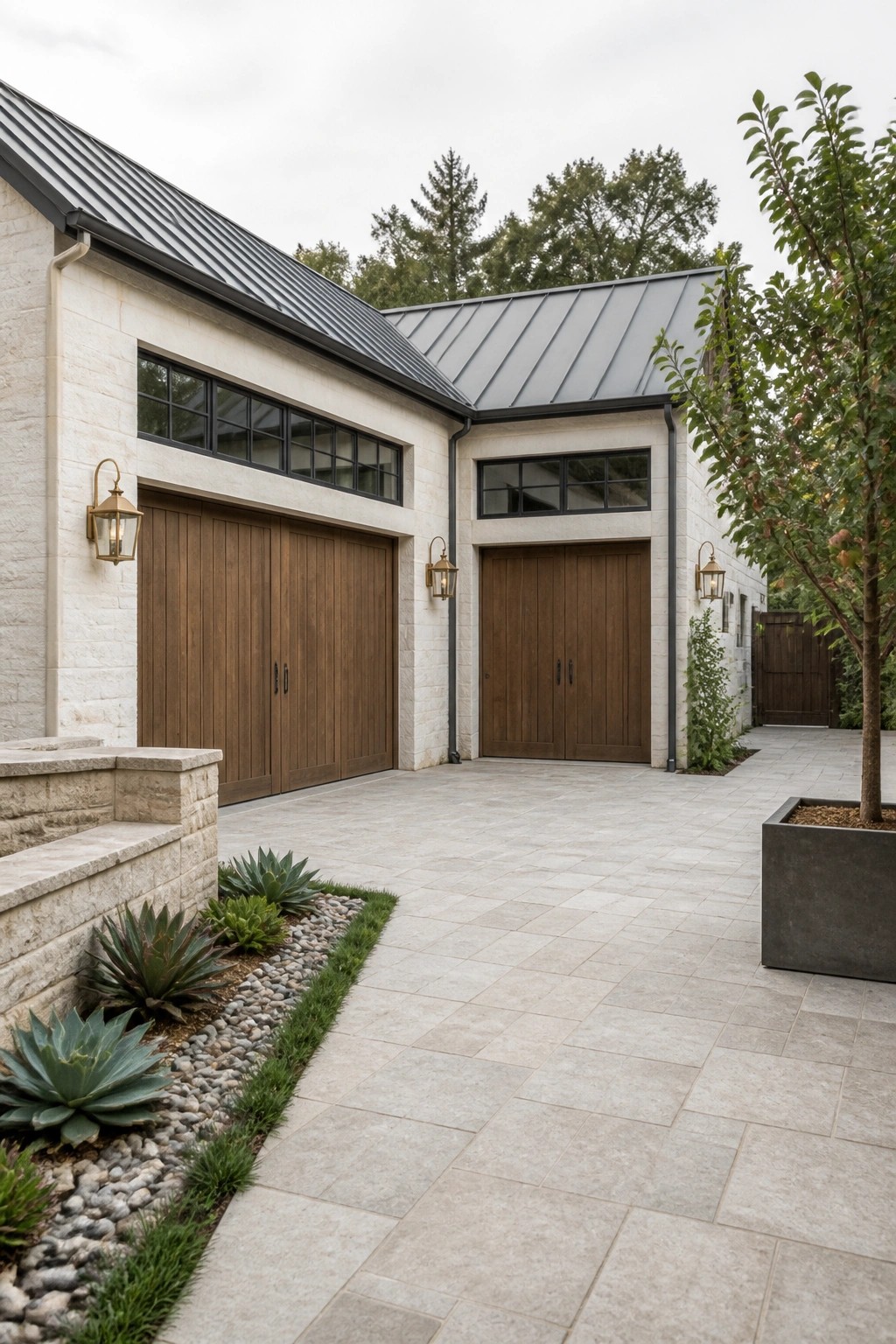 Modern stone house with dual wooden garage doors, lanterns, and paved courtyard.