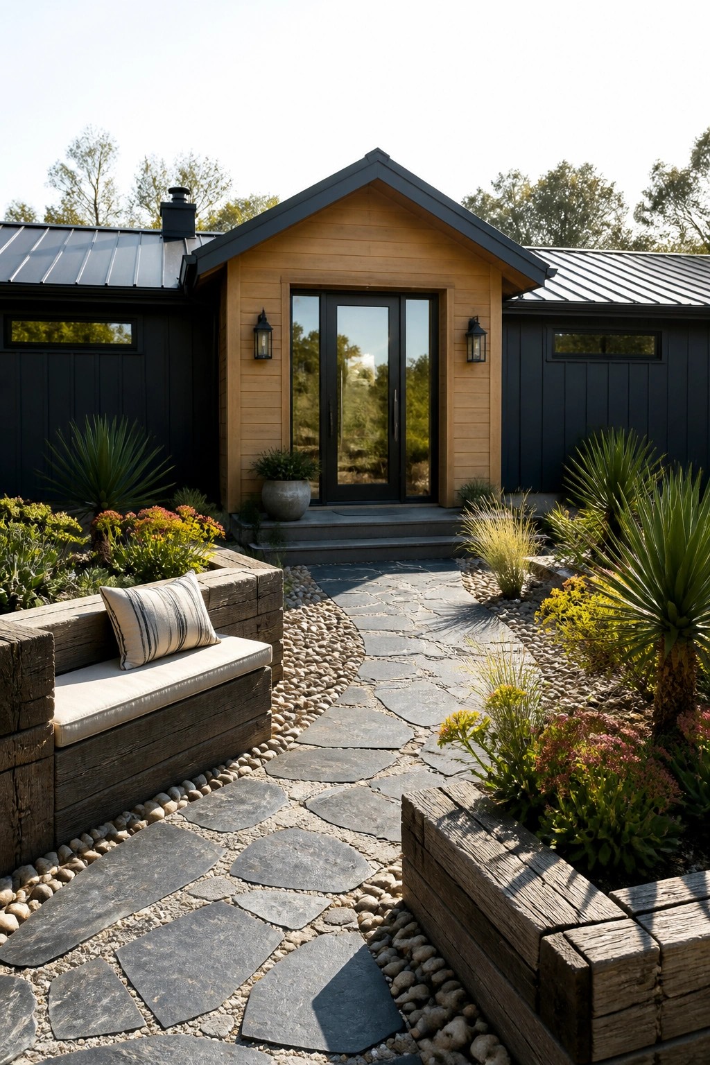 A single-story modern ranch house with black siding, a light wood gable above the front door, and a curved stone pathway bordered by gravel and plants.