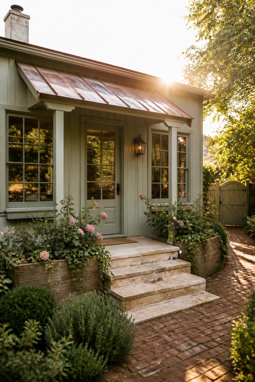 A single-story green house with a weathered copper metal roof overhang above a central front door, multi-pane windows on either side, and stone steps leading up from a brick path.