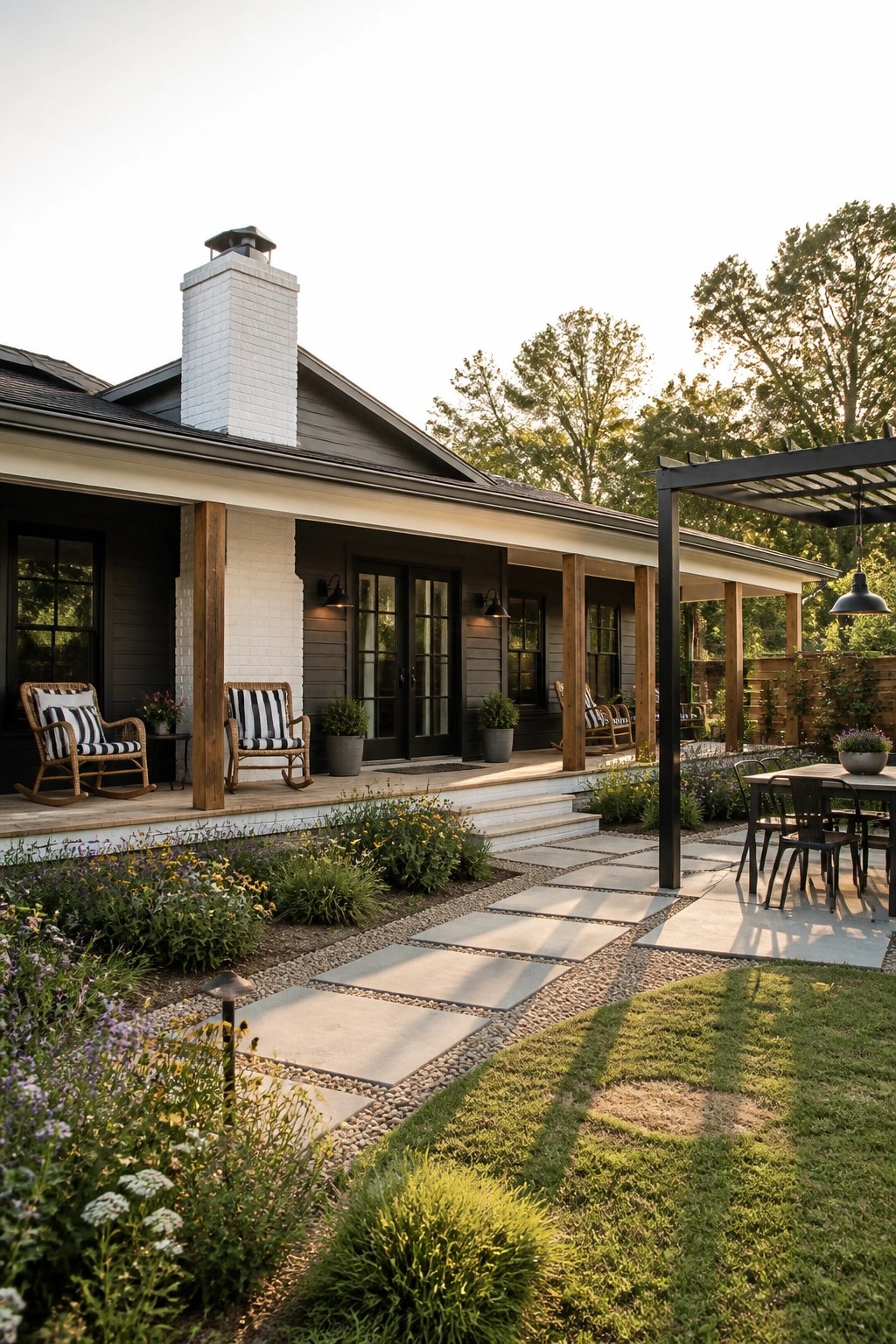 A modern ranch farmhouse with dark siding, a white brick chimney, and a covered porch with rocking chairs, connected to a black pergola over an outdoor dining table on a stone patio.