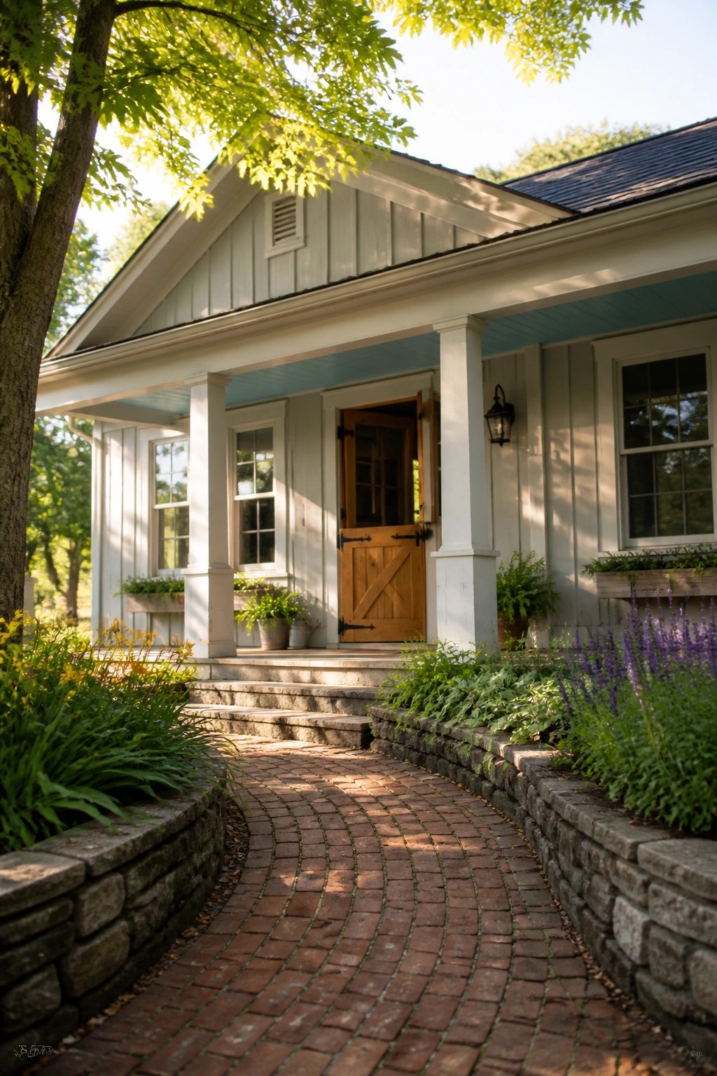 Front view of a single-story house with light gray siding, a gabled porch supported by white columns, a wooden entry door, and a brick pathway leading to stone steps.
