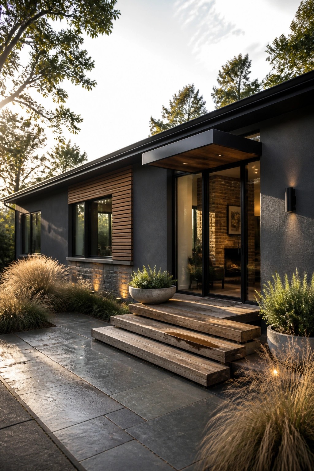 A modern single-story home exterior with dark gray siding, horizontal wood slats around the windows, a stone base, and wooden steps leading to a glass door entry.