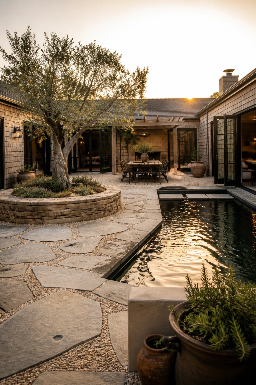 Serene courtyard with pool, stone patio, olive tree, dining table, and sunset glow.