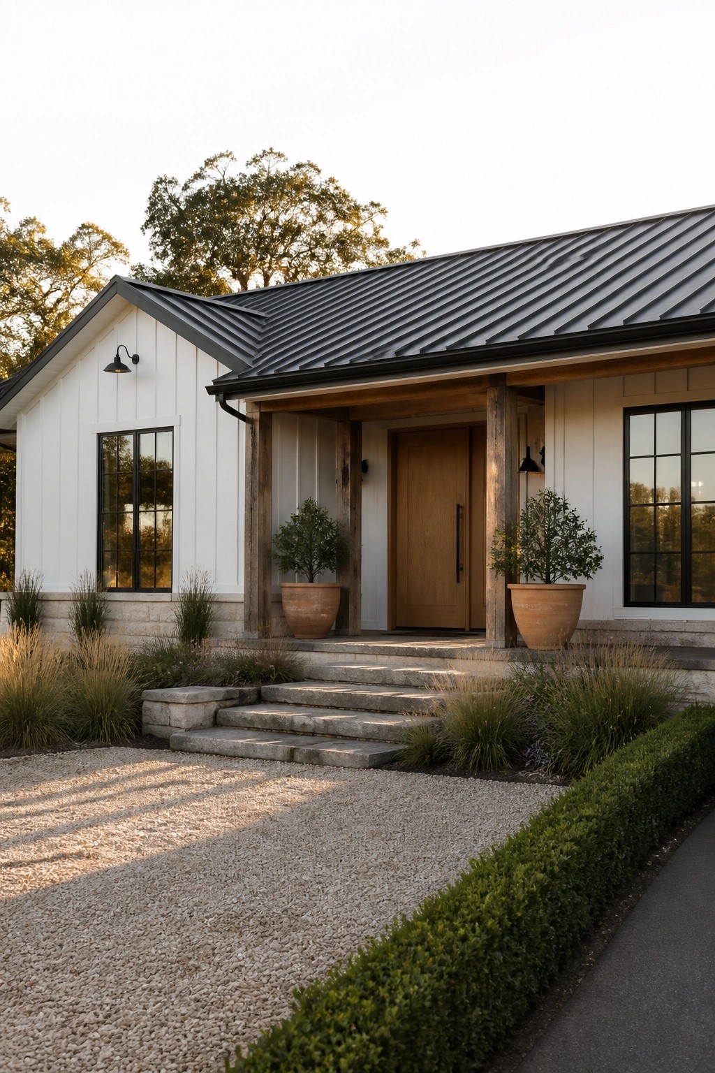 Front exterior of a white single-story house with a dark metal roof, a wooden door under a covered porch supported by thick wooden posts, and potted plants beside the steps.