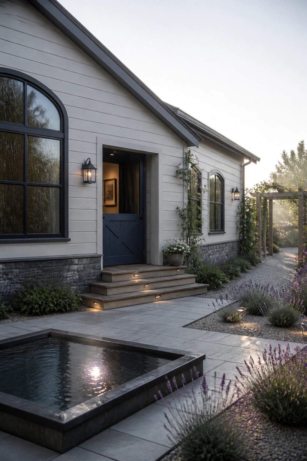 A single-story house exterior with light horizontal siding, dark trim, a navy blue front door, arched windows, stone foundation, and a concrete water feature in the foreground.