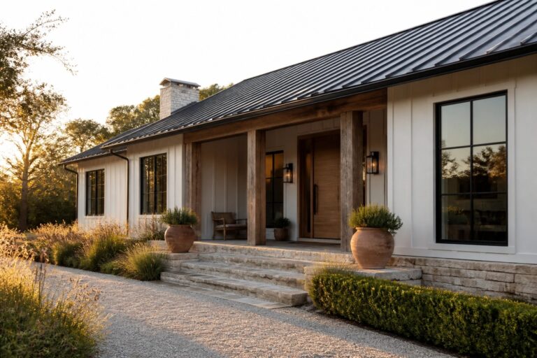 Front exterior of a white single-story house with a dark metal roof, a wooden door under a covered porch supported by thick wooden posts, and potted plants beside the steps.