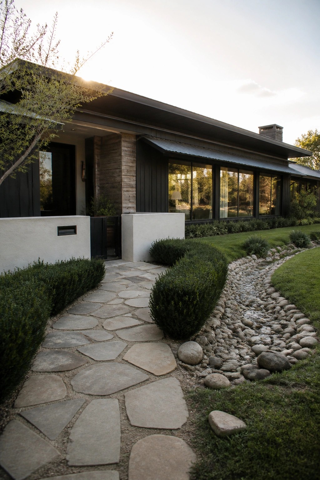A single-story modern ranch home with dark siding and large windows, shown with a flagstone pathway leading to the entry and a curving dry creek bed lined with rocks along the front.