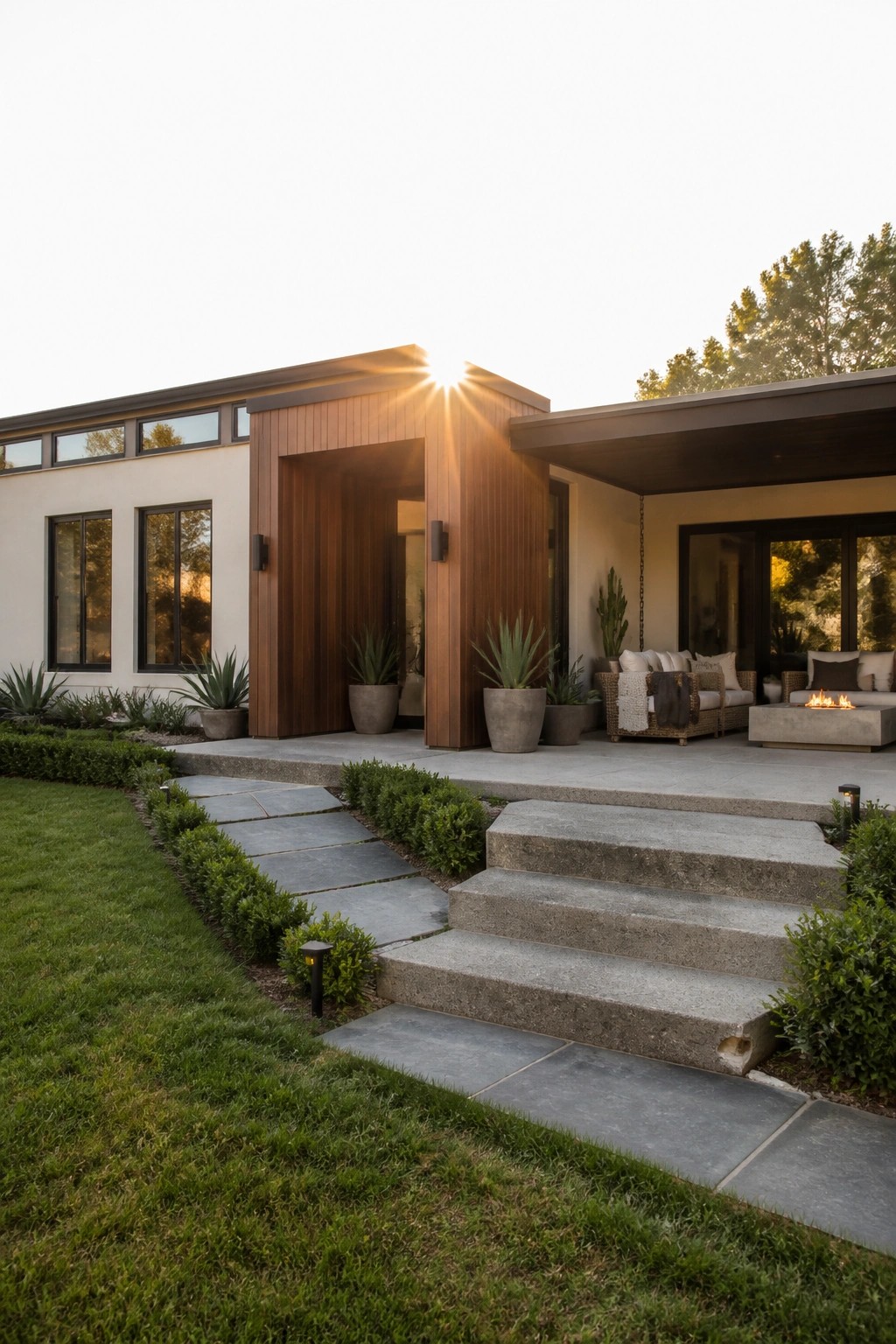 Modern single-story ranch home with a prominent vertical wood entry feature, concrete steps, and adjacent patio seating area.