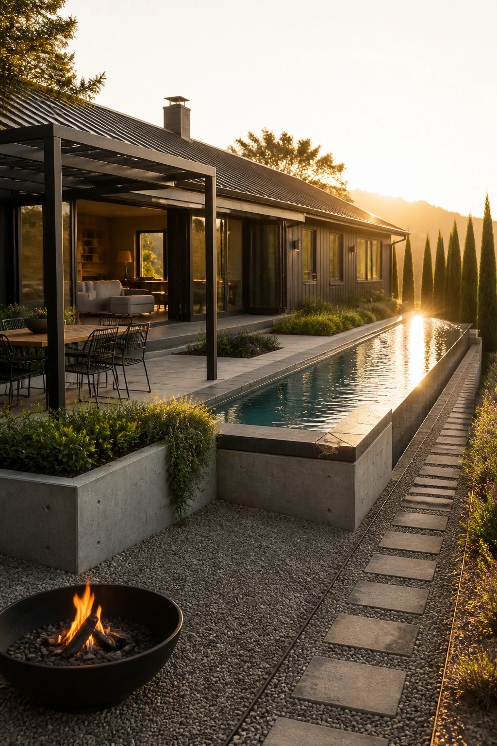 A modern single-story house with a long rectangular pool running parallel to the exterior, a black fire pit in the foreground, and a gravel path with stepping stones.