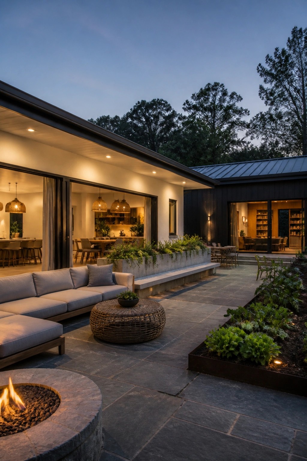A modern single-story home at dusk with large open sliding doors connecting the interior to a stone patio that includes a fire pit, lounge seating, raised concrete planters, and a woven coffee table.