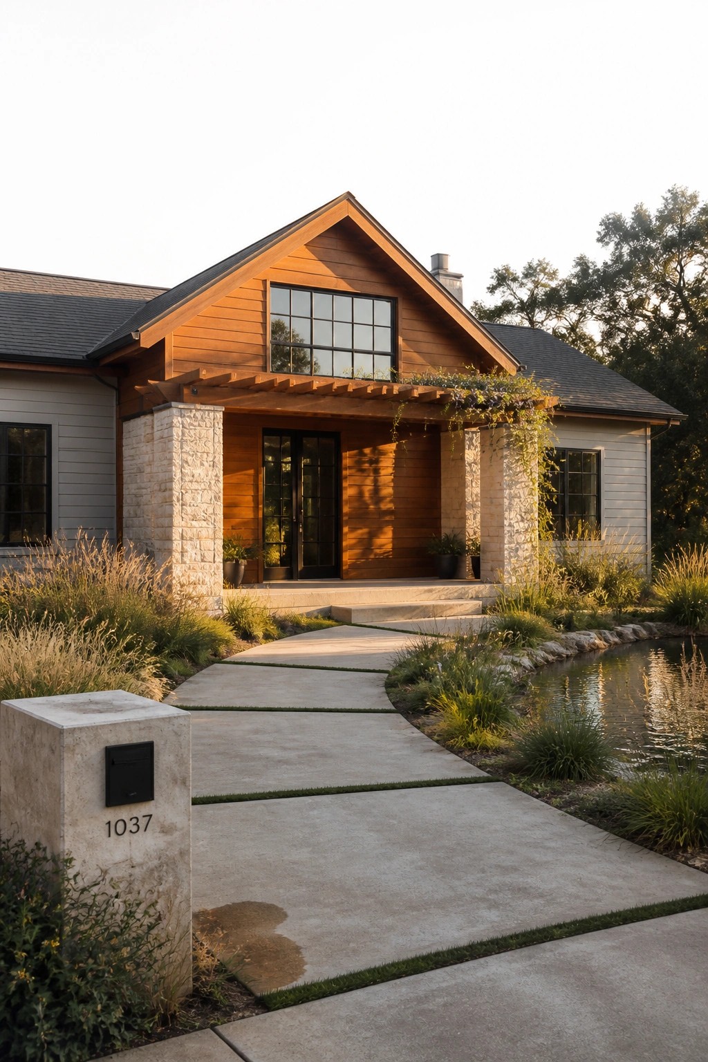 Modern wooden house with stone pillars, curved walkway, and serene pond at dusk