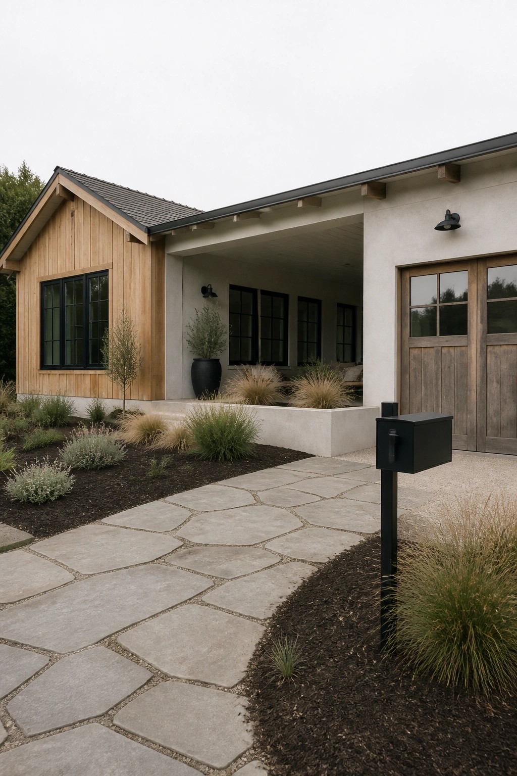 Front view of a single-story modern ranch home showing wood siding on the left section and stucco on the main body, with black windows, a covered entry, a garage, and a flagstone walkway in front.
