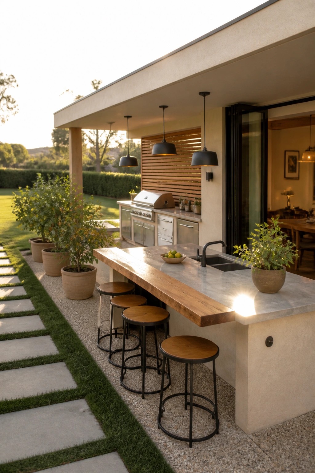 An outdoor kitchen with a long wood and stone bar counter, black metal stools, a built-in grill, and pendant lights under a covered patio attached to a house.