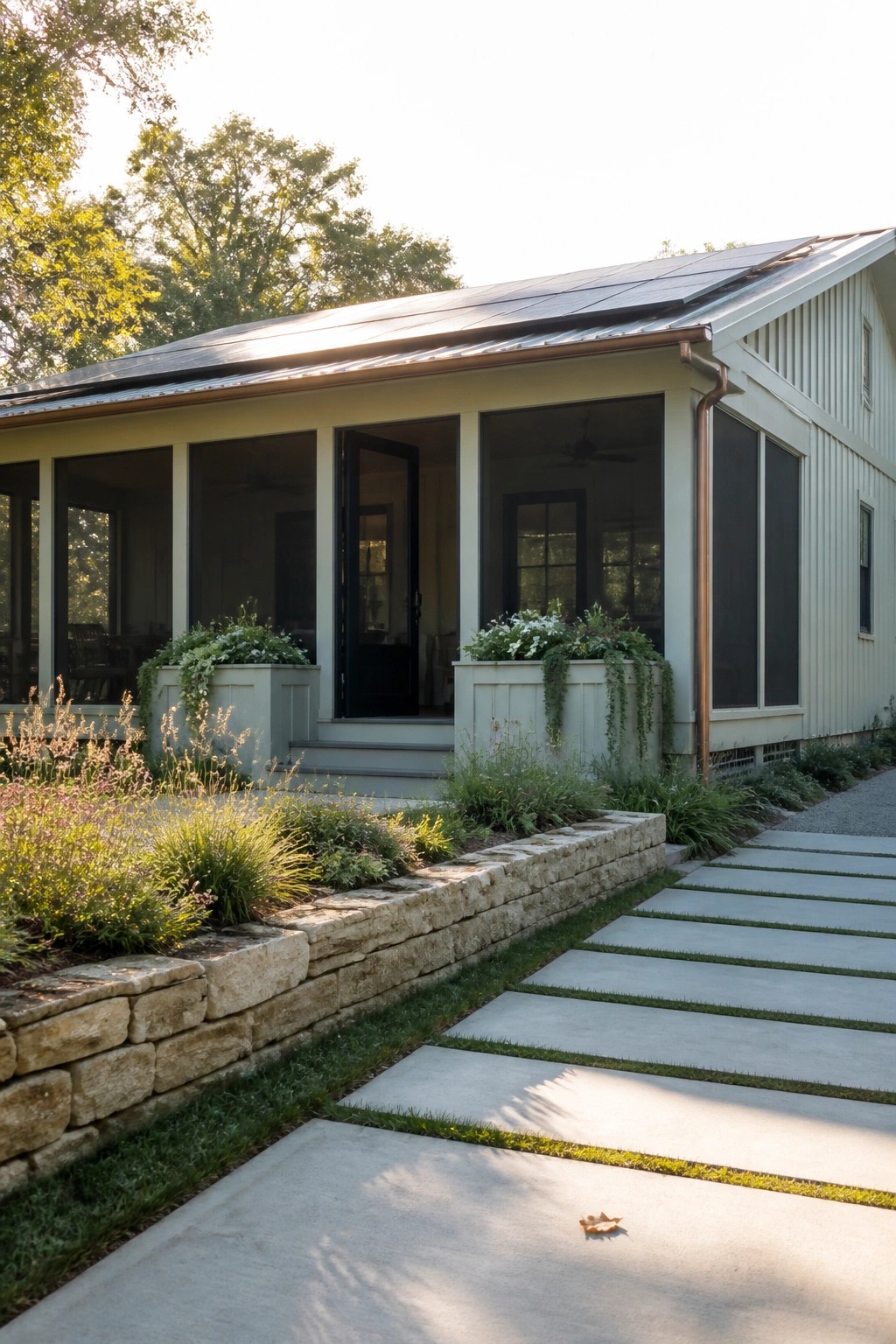 A single-story house with light siding, a screened porch, and solar panels on the roof, shown with a low stone retaining wall, planting beds, and a concrete paver walkway in the foreground.