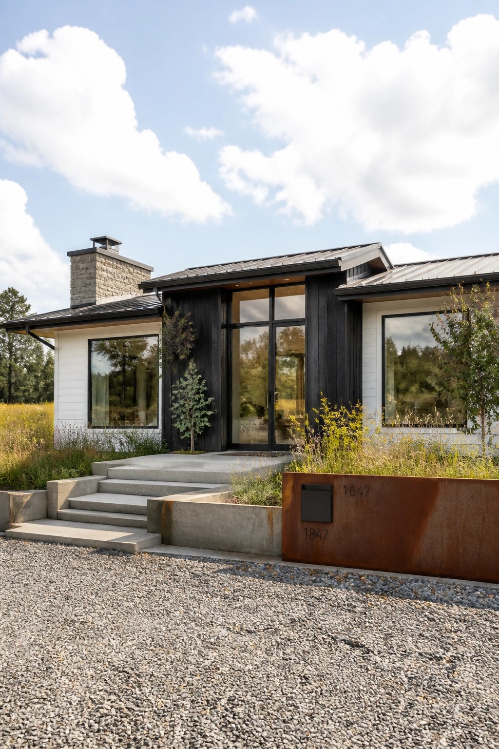 Modern black-and-white house with stone chimney, metal roof, concrete steps, and rusted 1847 sign.