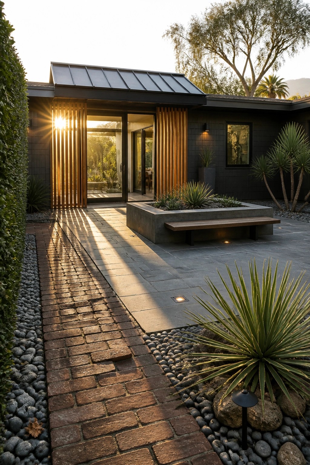 Modern single-story ranch home with dark siding, vertical wood slats flanking glass entry doors, concrete planter bench, brick path, and gravel landscaping at sunset.