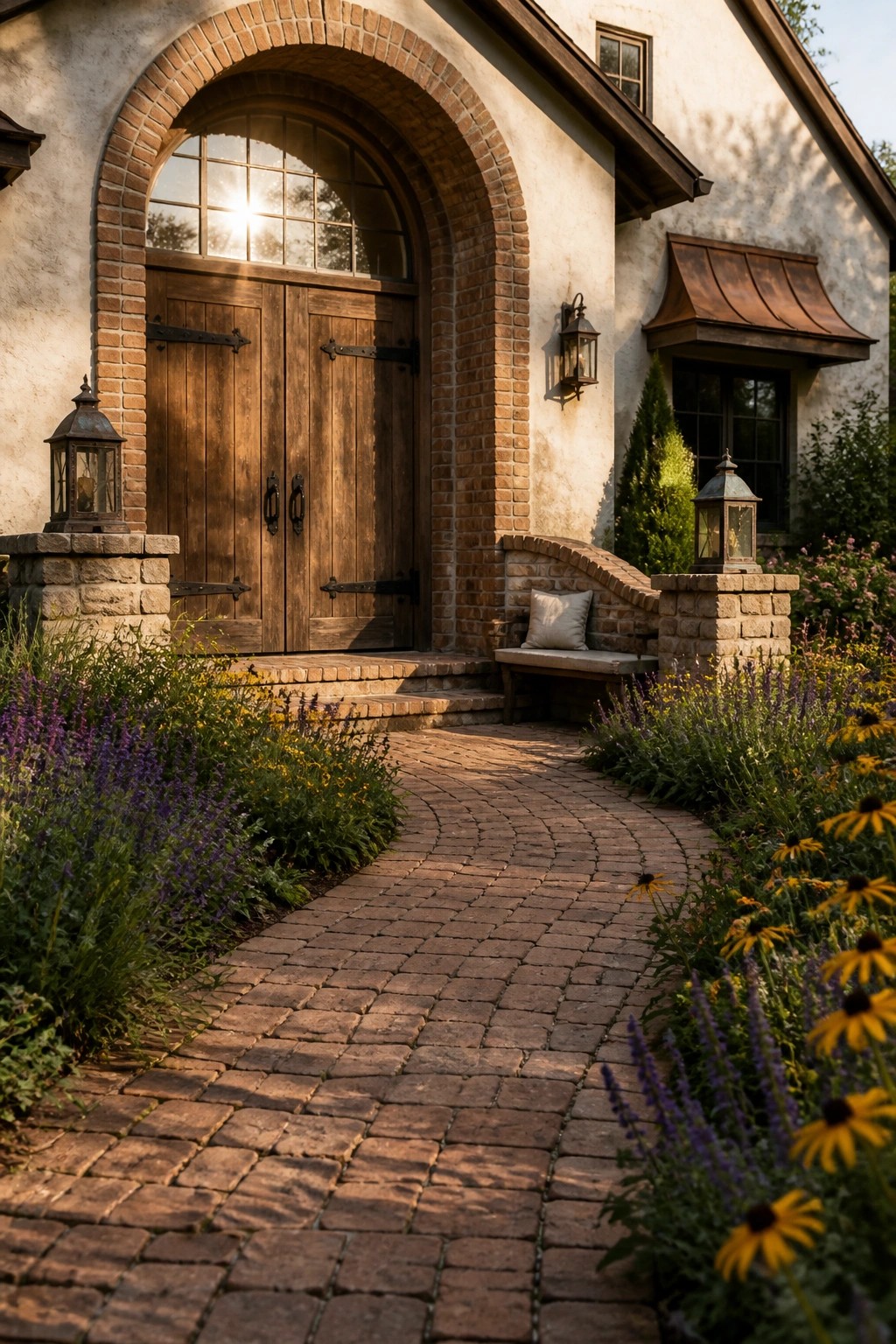 A brick arch frames a pair of wooden double doors on a stucco house, with a brick pathway, stone lanterns, and flower beds on either side.