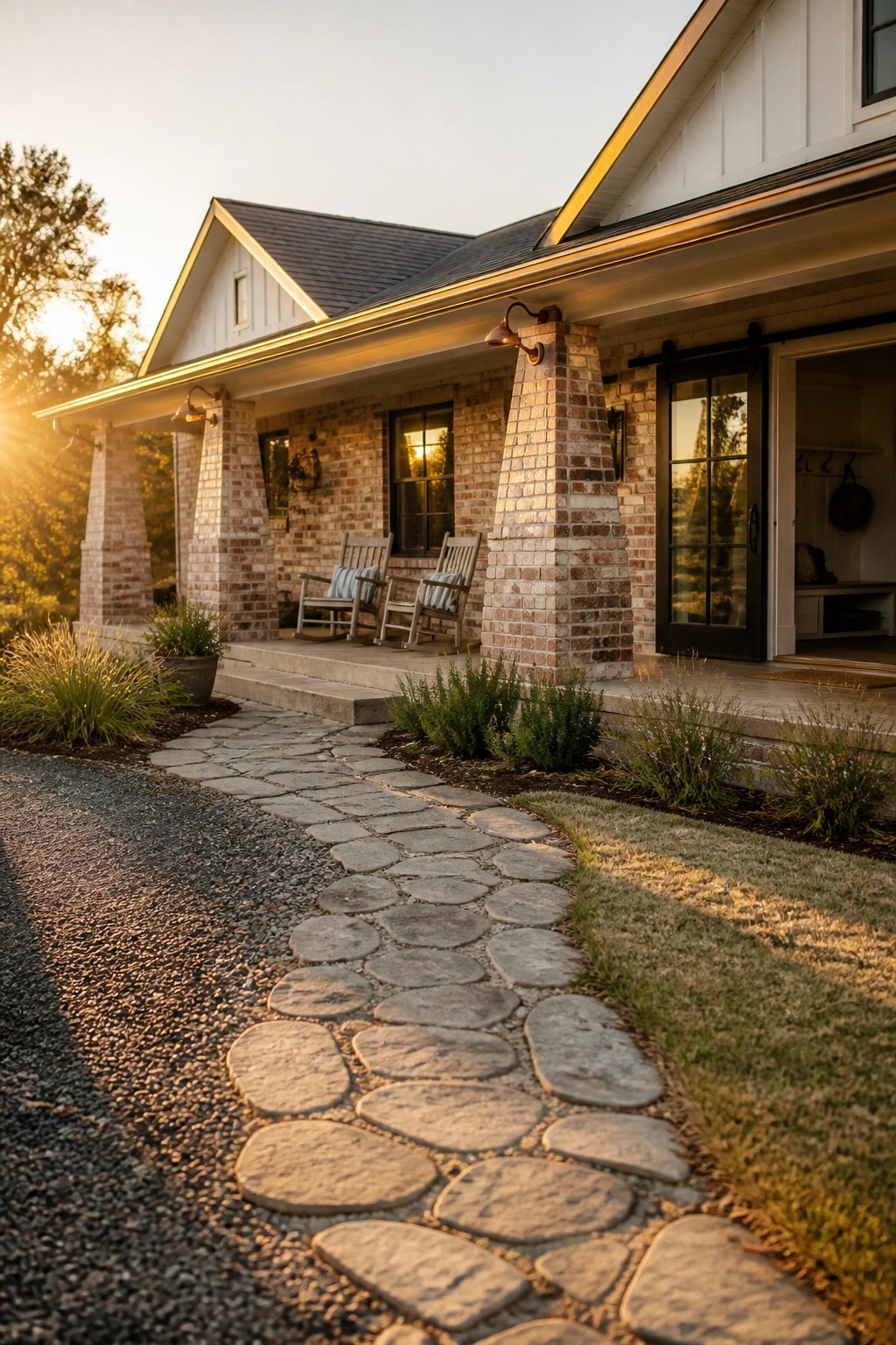 A brick farmhouse with a front porch supported by tall brick columns, two rocking chairs on the porch, and a flagstone path leading to the entrance.