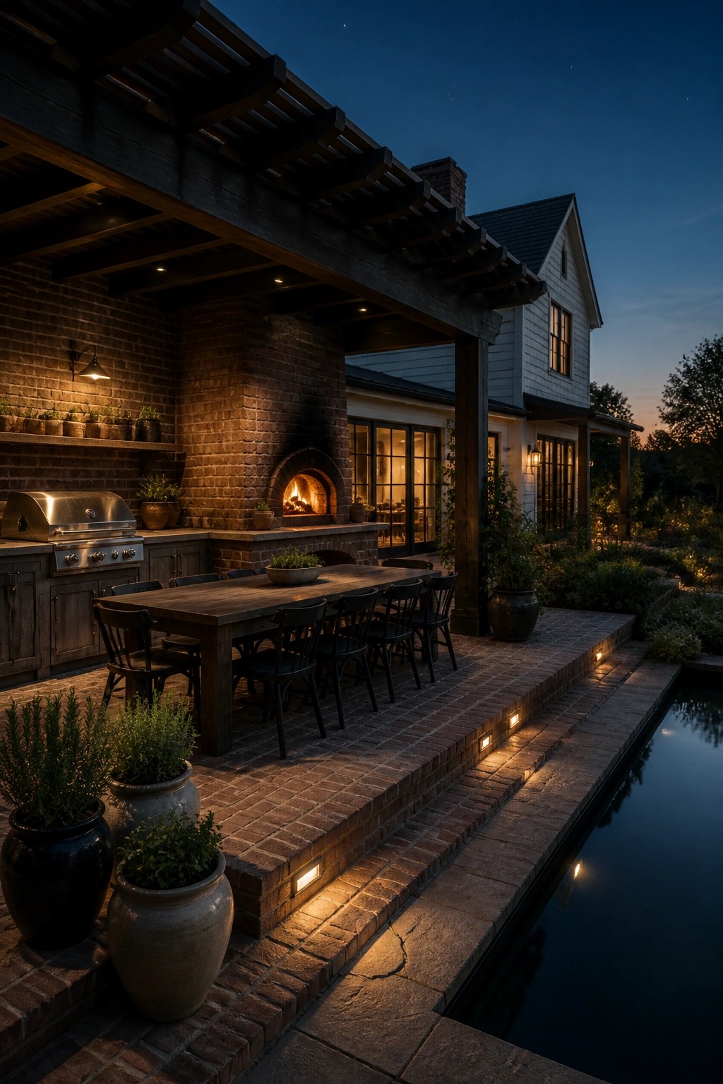 Outdoor brick kitchen with arched fireplace, stainless grill, wooden dining table and chairs, pergola overhead, and brick steps leading to a pool at dusk.
