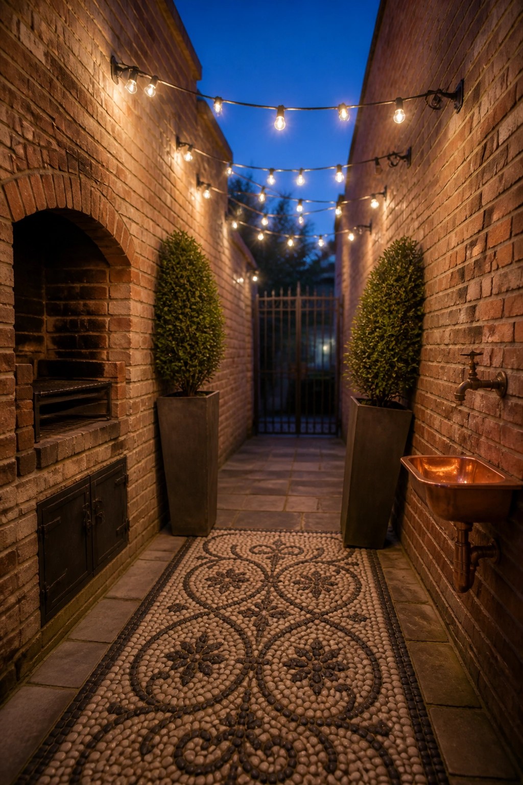 Brick alley at dusk with string lights, oven, copper sink, and pebble mosaic path.