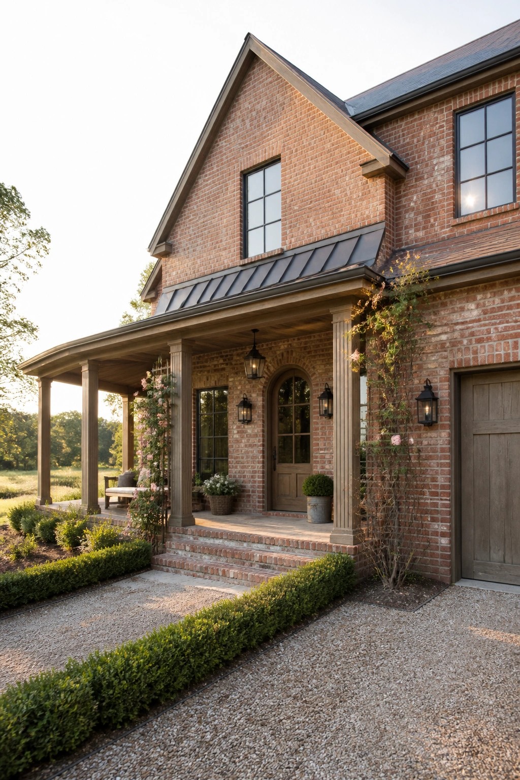 Brick house with porch columns, arched door, climbing roses, and gravel drive