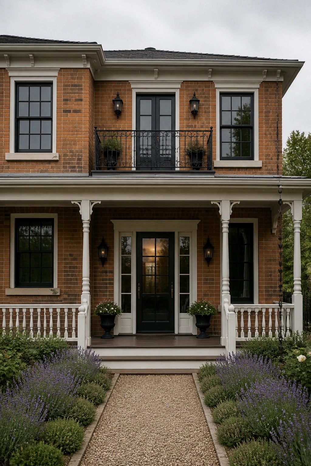 A two-story brick house with white trim, black windows and door, a covered front porch with white columns, and a gravel path bordered by lavender.