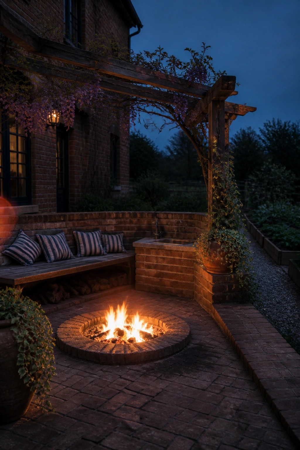 A circular brick fire pit with active flames sits on a brick patio beneath a wooden pergola attached to a brick house, with built-in seating and a brick sink nearby.