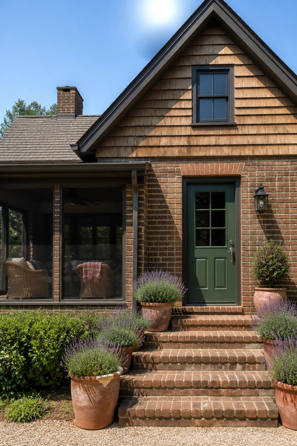 A brick and wood shingle house exterior with a green front door, brick steps, and potted lavender plants on either side.
