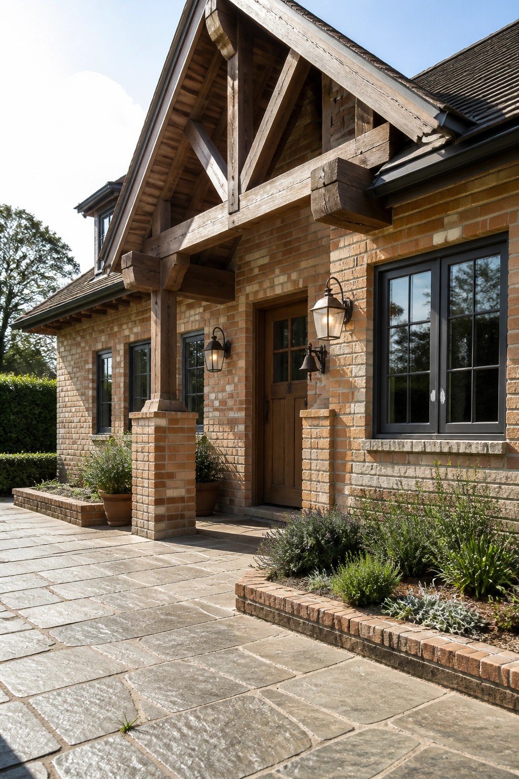 A brick farmhouse exterior with large exposed wooden beams supporting an overhang above the entry door and stone paving leading to the front.