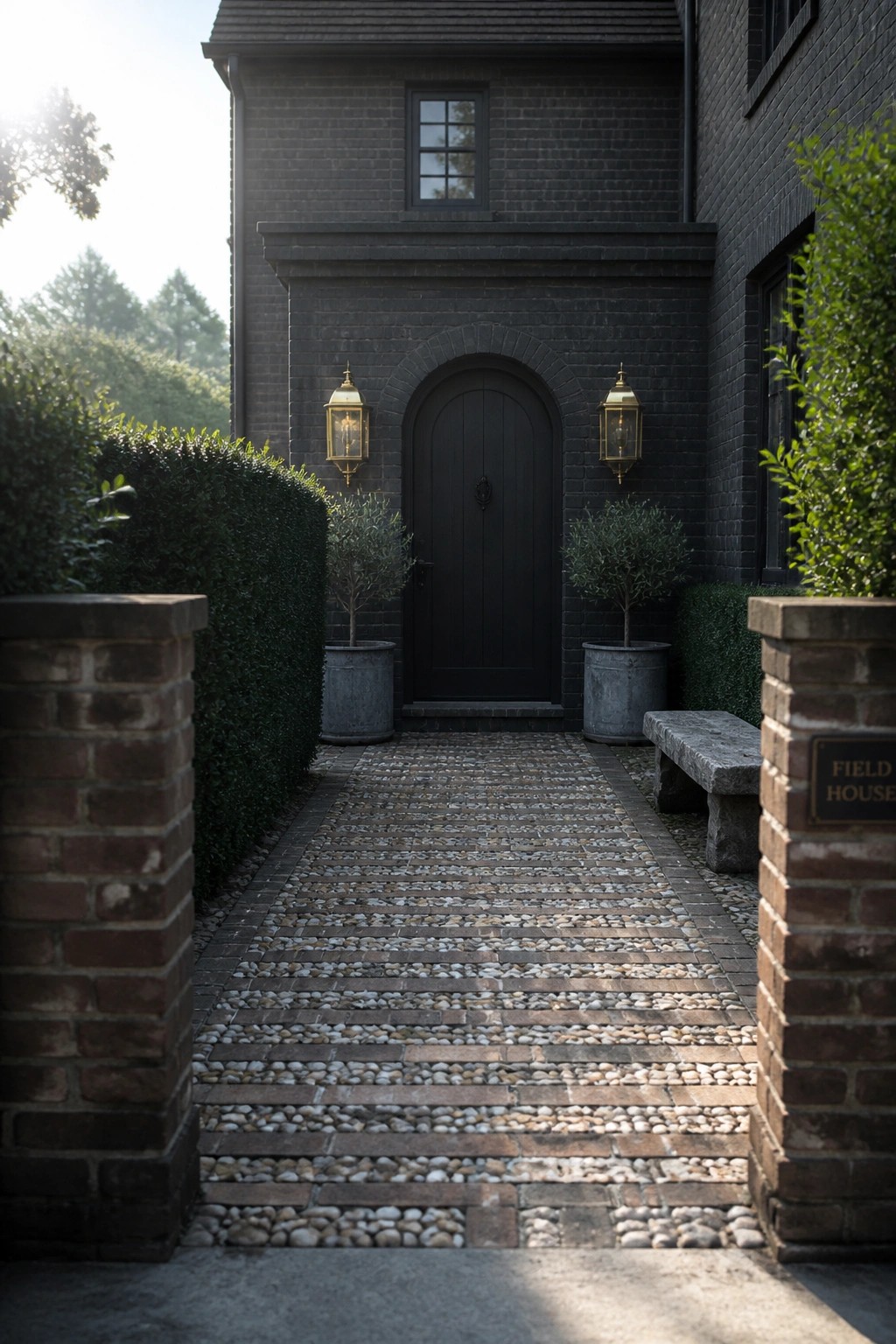 A dark brick house with an arched black door, two lanterns on either side, and a cobblestone path leading between brick pillars.