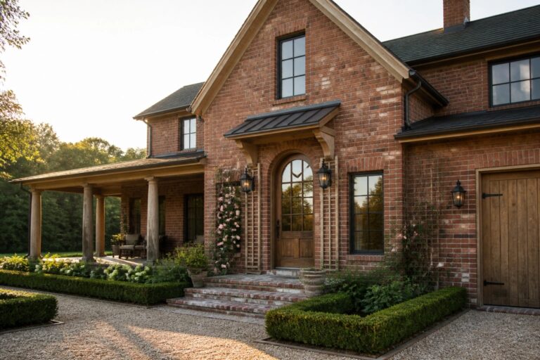 19 Rustic Brick Farmhouse Exterior Ideas Featuring Natural Texture and Warmth Brick house with porch columns, arched door, climbing roses, and gravel drive