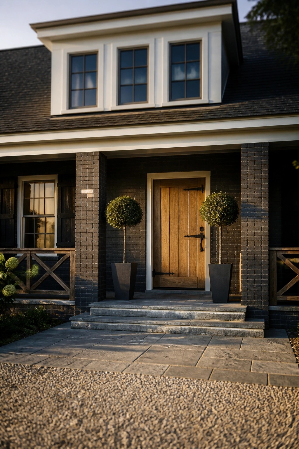 Front entrance of a dark brick house featuring a wooden door flanked by two tall potted topiary plants on stone steps.