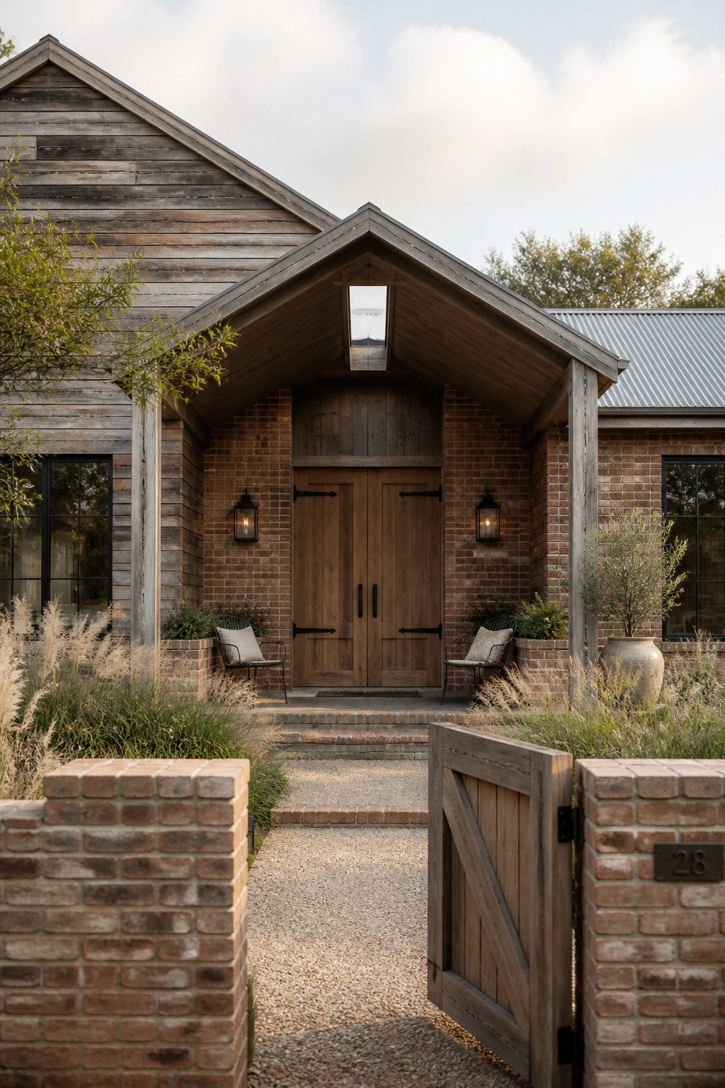 Front view of a brick farmhouse with a large wooden gabled entry, double doors, and lanterns on either side.