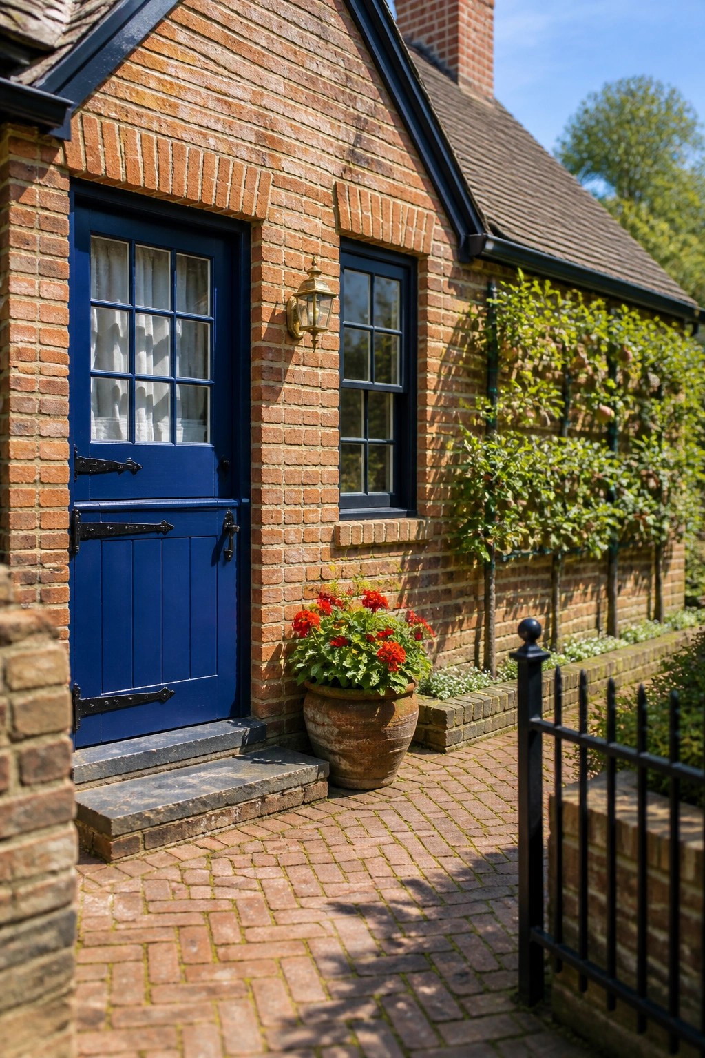 A red brick house exterior with a blue front door, one small window, a terracotta pot of red flowers, and a brick pathway leading to the entry.