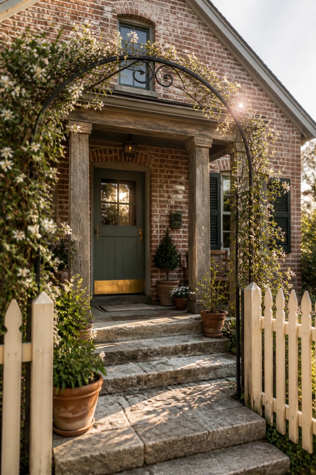 Brick house with green door, stone steps, floral arch, and white picket fence
