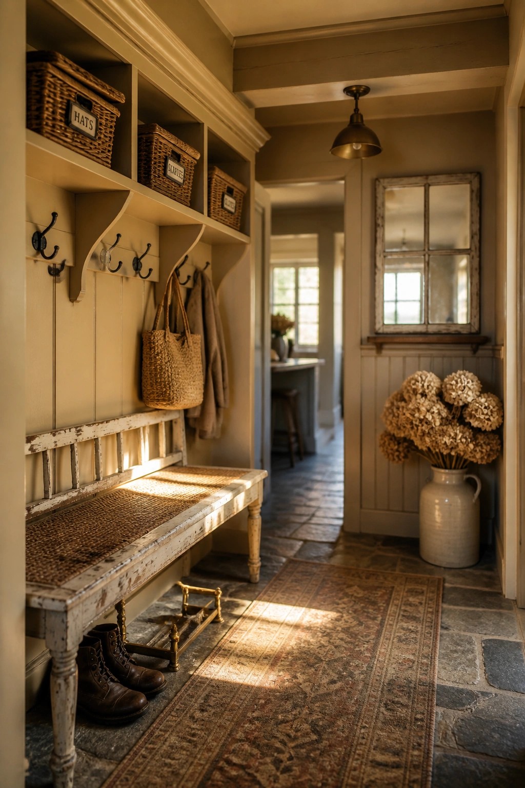 A beige painted mudroom features open shelving with labeled baskets, wall hooks holding bags and coats, a wooden bench with boots underneath, and a runner rug on stone flooring.