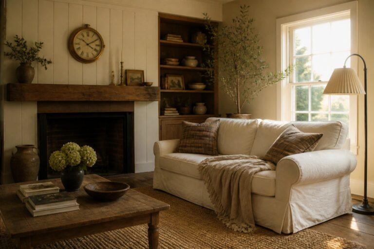 A living room with a white slipcovered sofa, wooden built-in shelves, a stone fireplace, and warm beige walls.