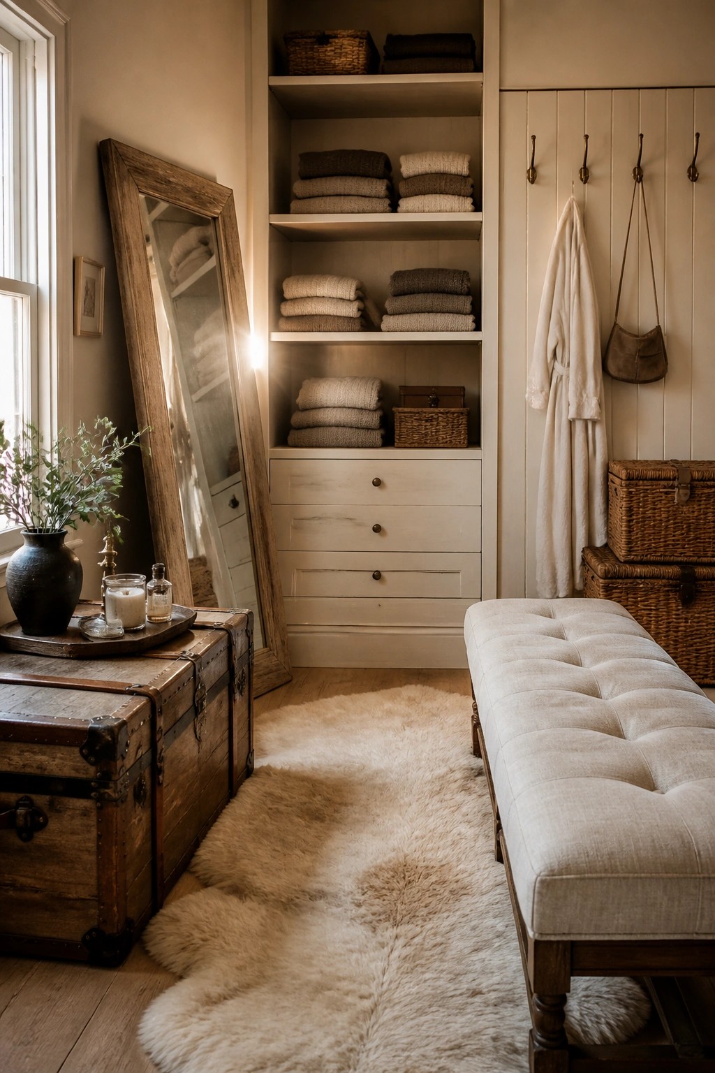 Built-in shelves and drawers painted in a soft neutral tone, filled with folded beige and brown textiles, next to a tufted bench and wooden trunk.