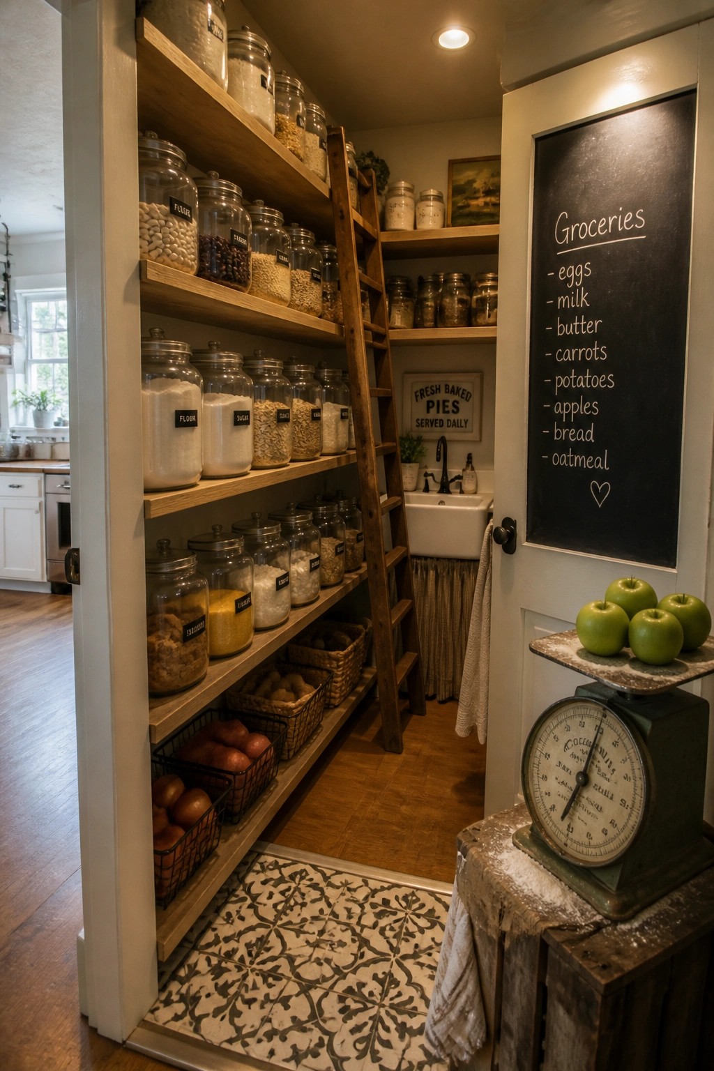 A walk-in pantry lined with wooden shelves holding glass jars of dry goods, wire baskets of potatoes, a sink area, and a chalkboard door with a grocery list.