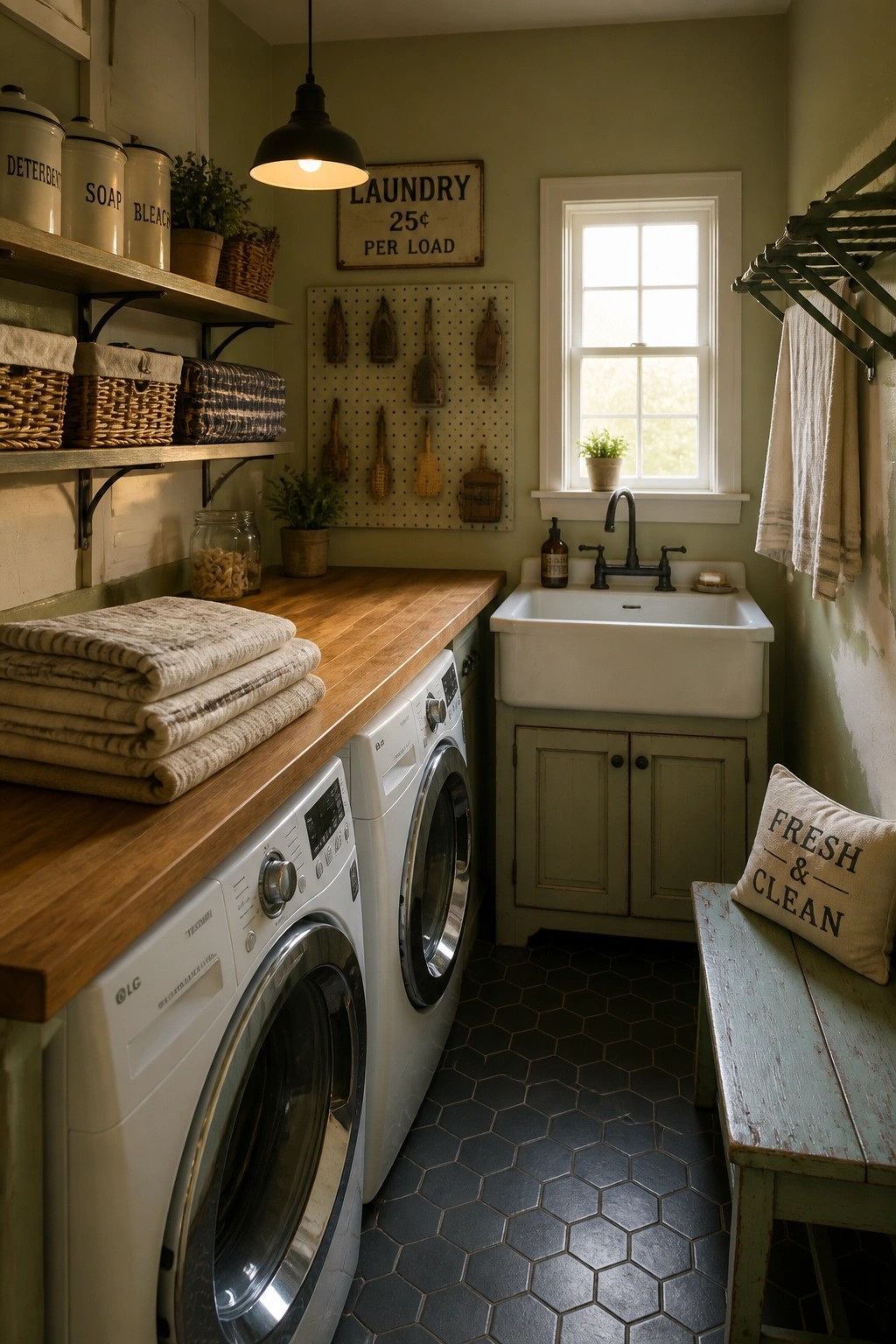 A laundry room with soft green walls, white front-loading washers, a wooden countertop, a white farmhouse sink, and a window with natural light.