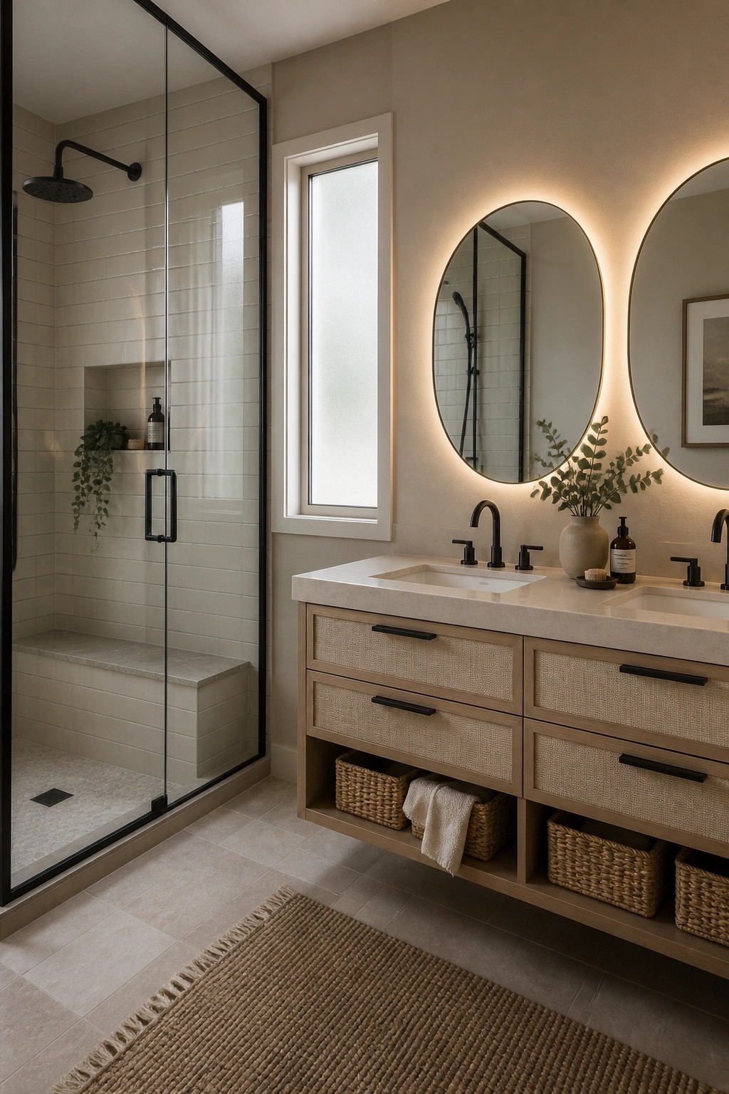 A bathroom interior showing a beige-tiled walk-in shower on the left, a floating light wood vanity with two sinks and woven-front drawers on the right, and two oval backlit mirrors above the vanity.