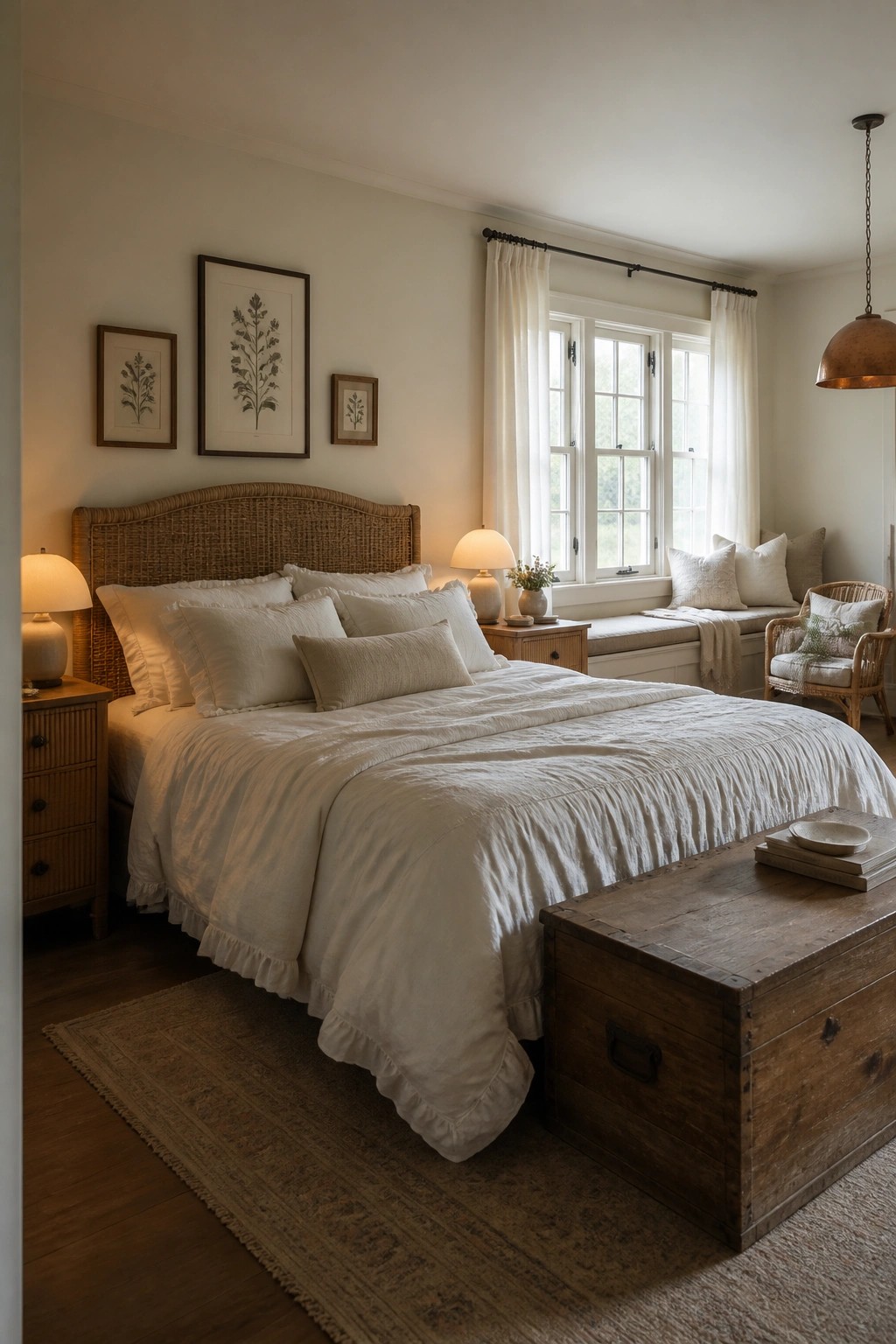 Cozy bedroom with white ruffled linens, rattan headboard, wooden chest, and window seat